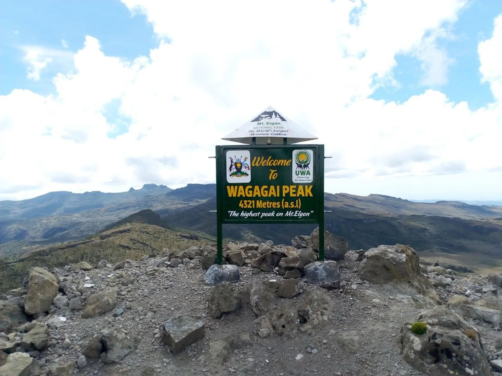 Wagagai peak summit sign on Mount Elgon, Uganda